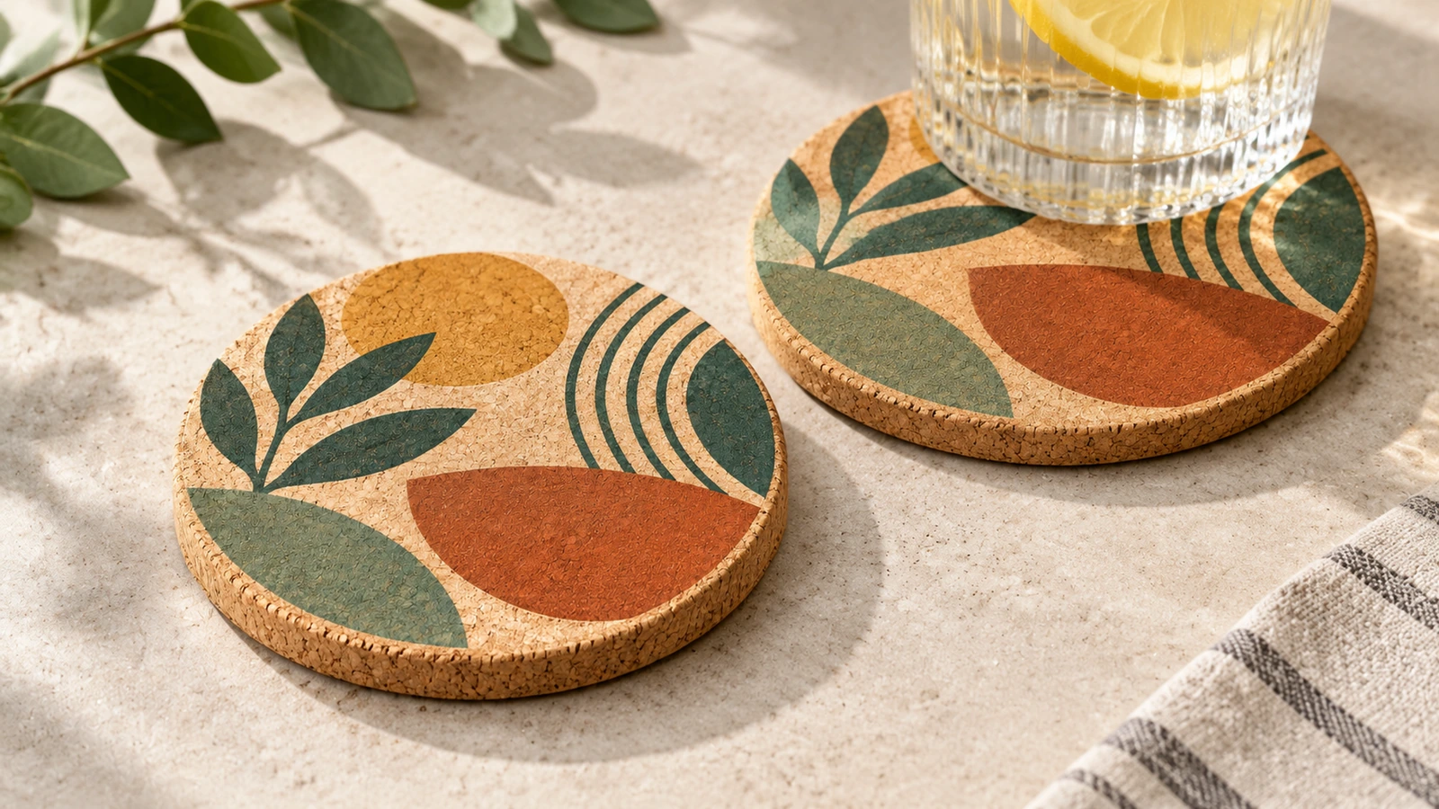 Posavasos de corcho impresos sobre una mesa, con un vaso de agua con limón apoyado sobre uno de ellos