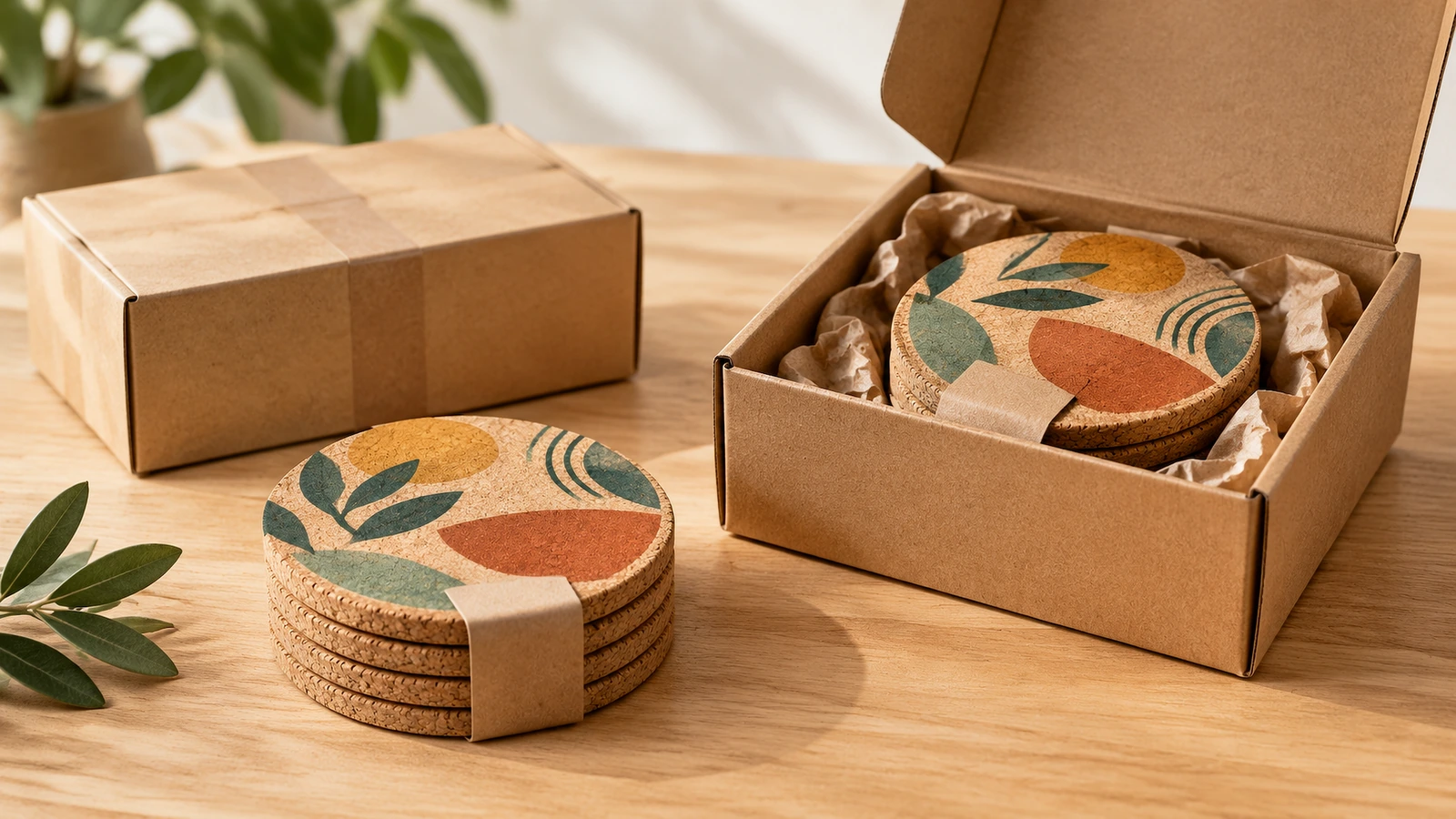 Paquetes de posavasos de corcho impresos con bandas de papel, junto a una caja de regalo kraft abierta