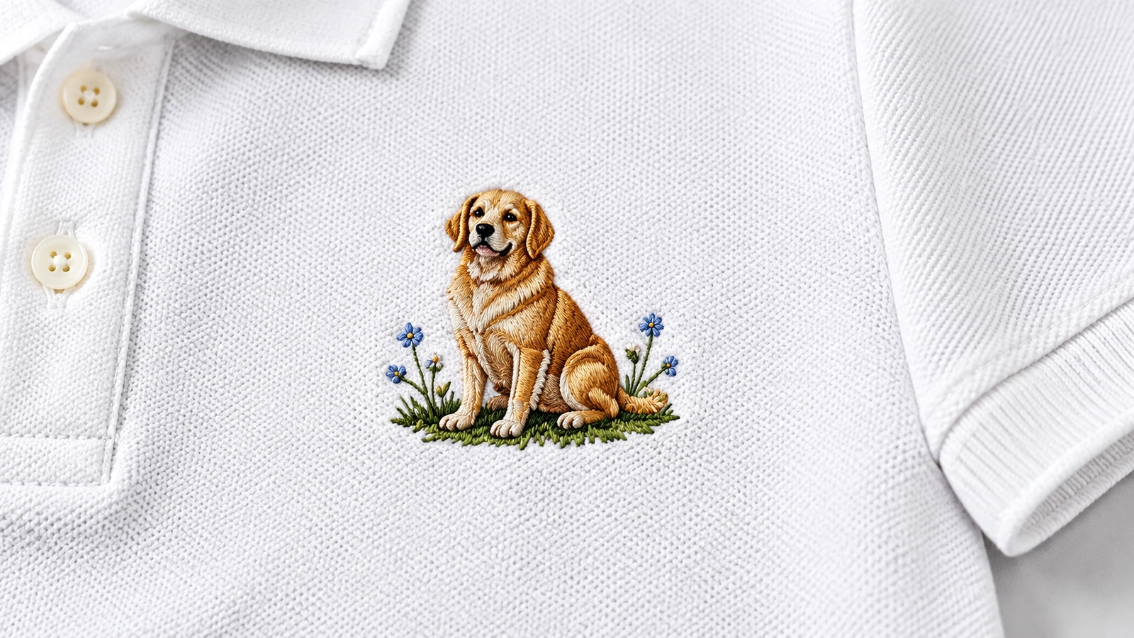 Bordado de perro sobre tela blanca texturizada Primer plano del bordado de perro con pequeñas flores sobre tela de polo blanca texturizada