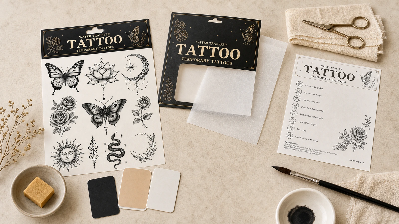 Hoja de tatuaje temporal de arte lineal negro junto al envase, unas tijeras y una tarjeta de instrucciones