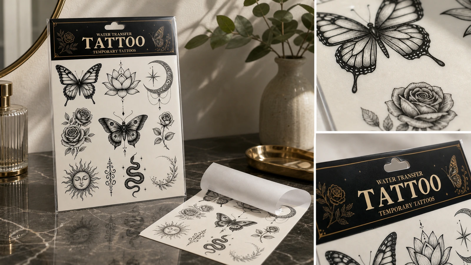 Collage de una hoja de tatuaje, del soporte desenrollado y detalles en primer plano del diseño