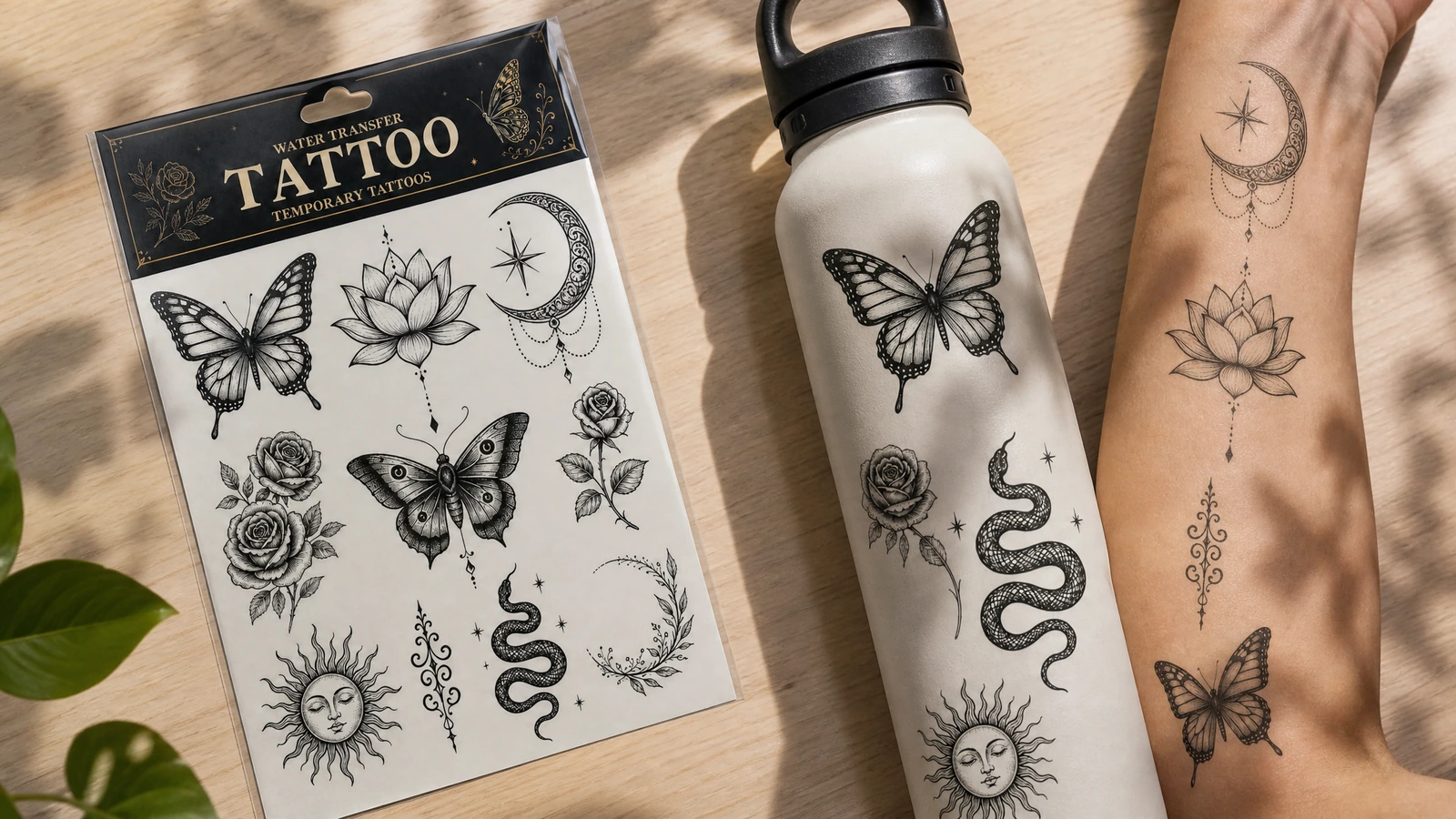 Hoja de tatuaje junto a un frasco decorado y un antebrazo con motivos a juego