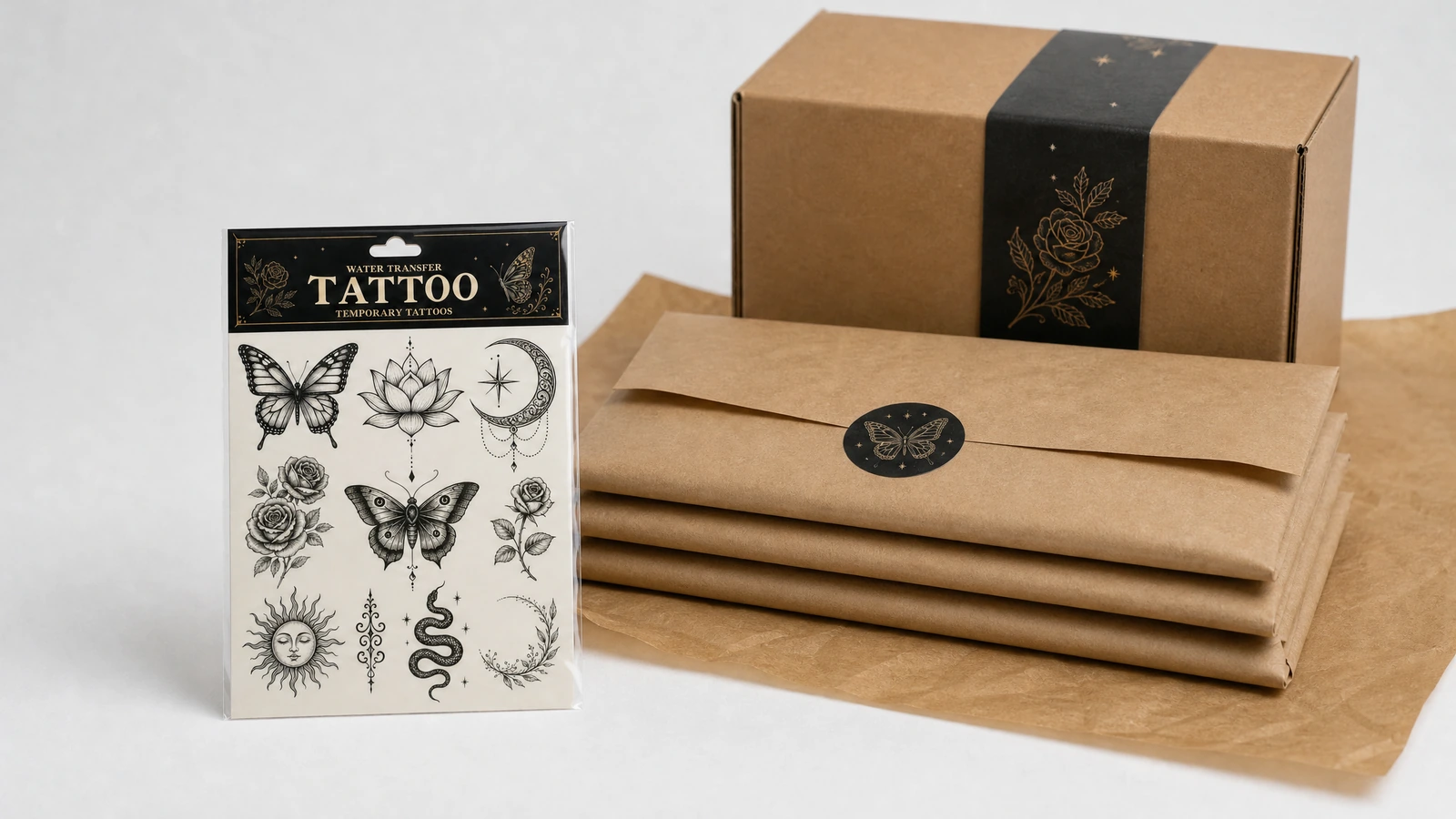 Hoja de tatuaje junto a sobres kraft apilados y una caja marrón