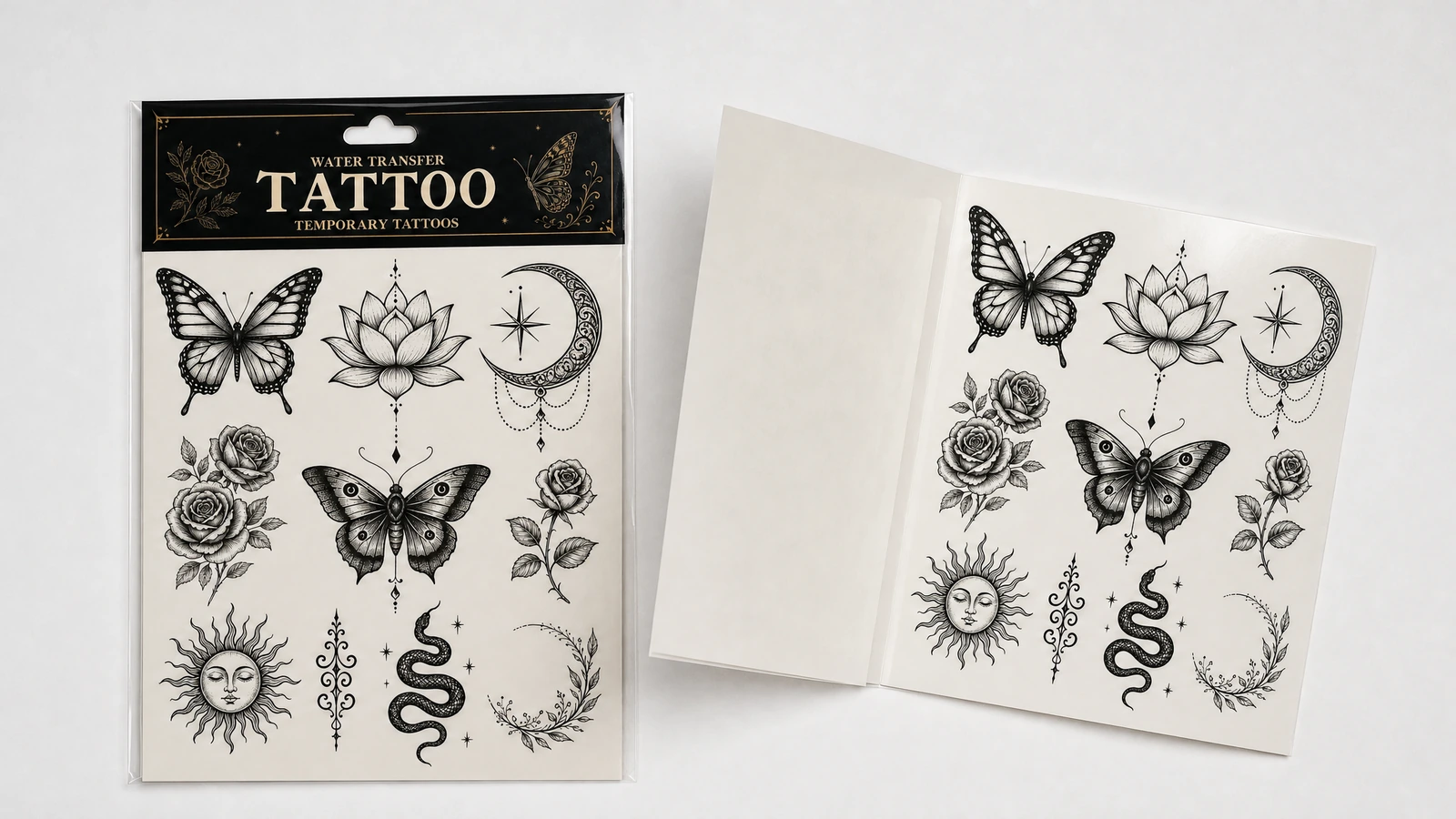 Hoja de tatuaje envasada junto al papel de soporte y una hoja igual sin envasar