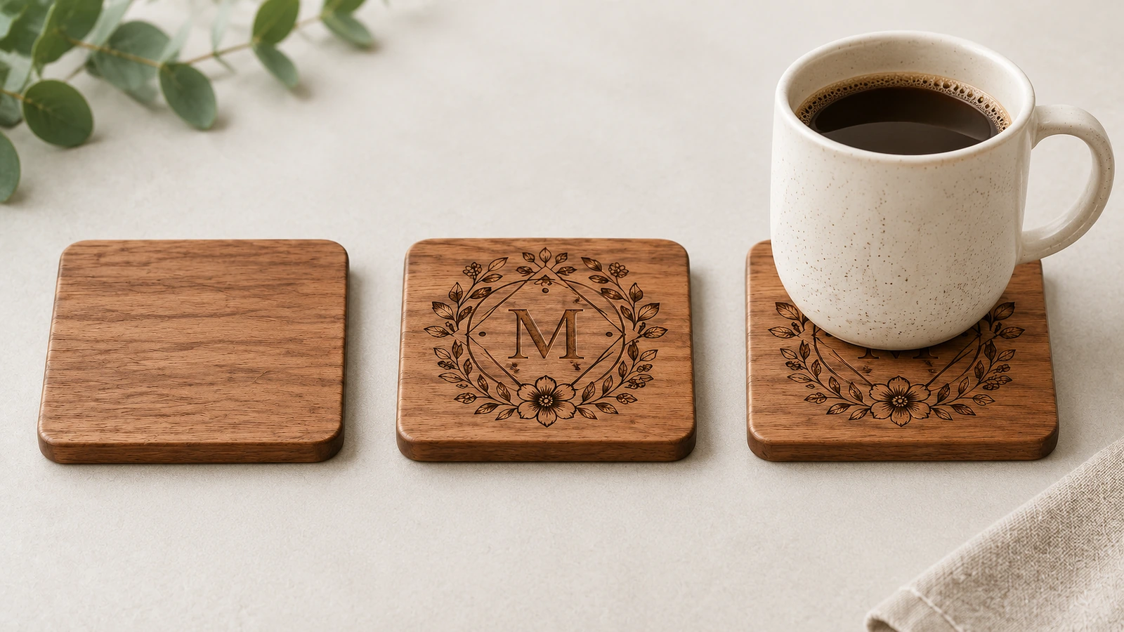 Posavasos de madera liso, posavasos con monograma y un posavasos debajo de una taza de café