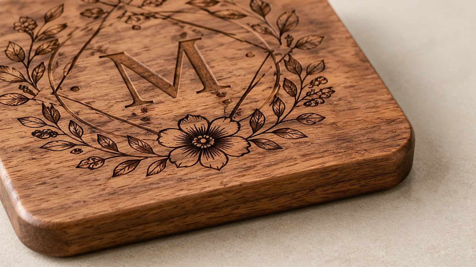 Primer plano de un monograma floral en un posavasos de madera de esquinas redondeadas