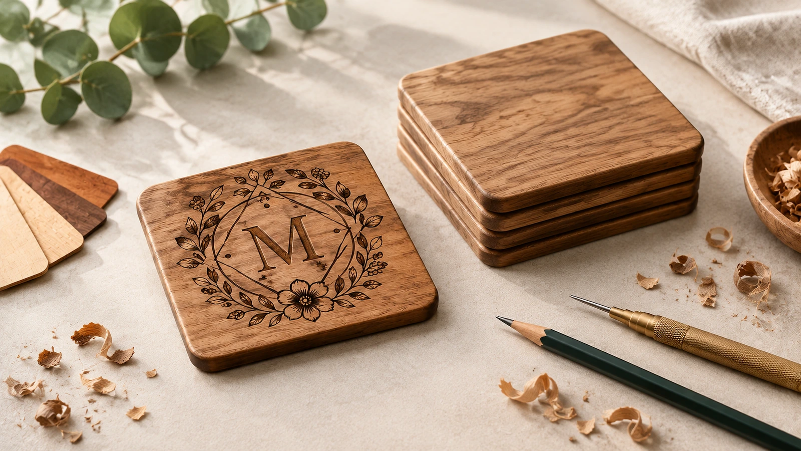 Posavasos de madera cuadrado con monograma junto a una pila de posavasos lisos, muestras de madera y herramientas de manualidades