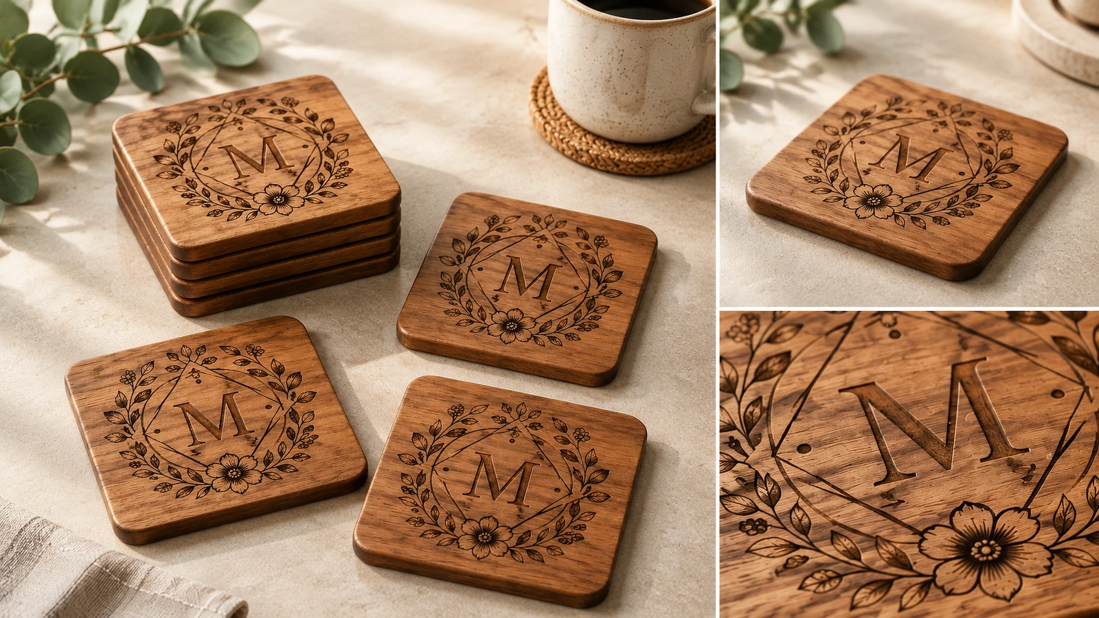 Collage de posavasos de madera con monograma, apilados e individuales, con un primer plano del grabado