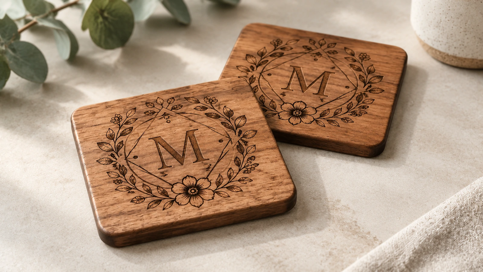 Dos posavasos cuadrados de madera grabados con un monograma floral sobre una superficie de lino