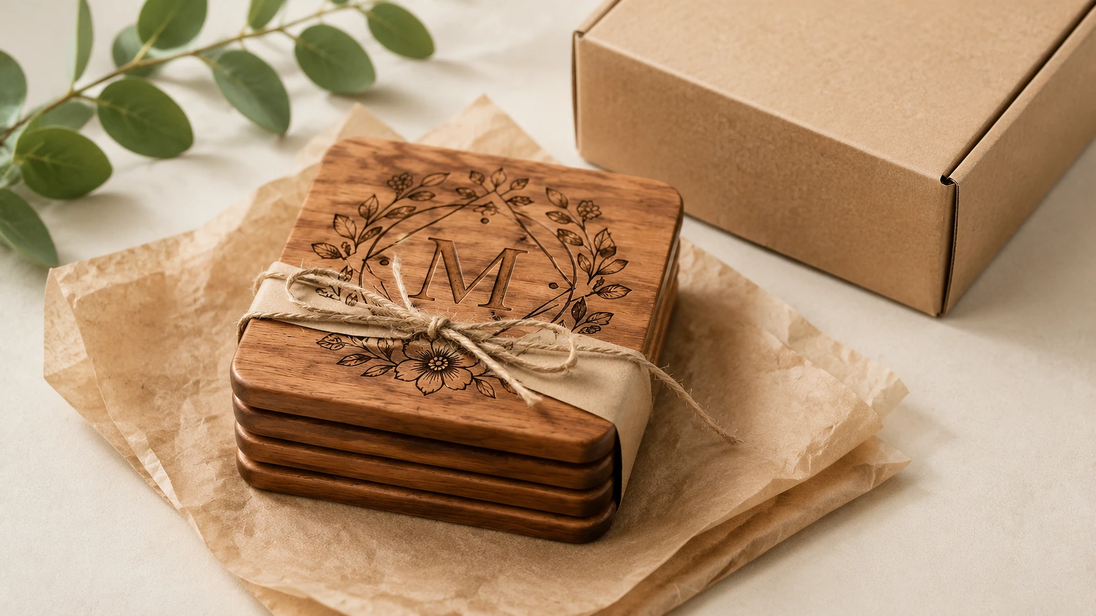 Pila de posavasos de madera con monograma atados con cordel sobre papel de seda, junto a una caja