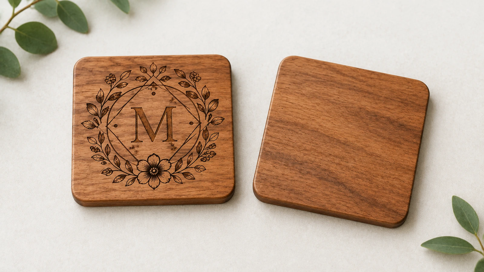 Dos posavasos cuadrados de madera, uno con monograma floral y otro liso