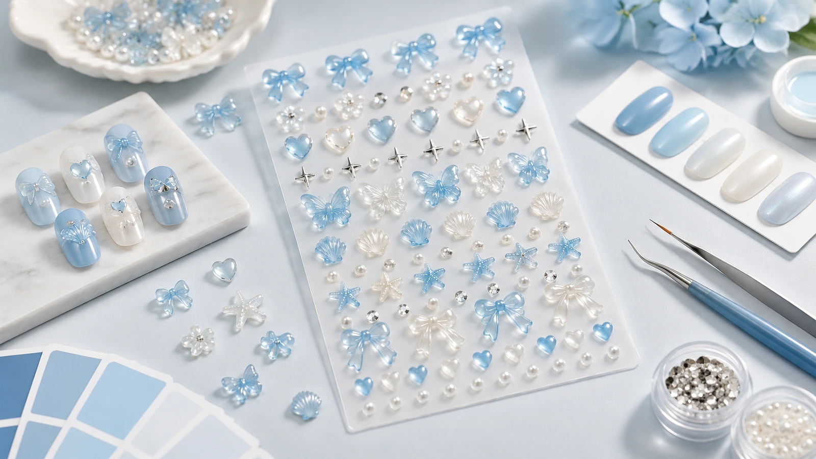 Hojas de decoración en relieve para uñas en azul y color perla junto a muestras de uñas y pinzas
