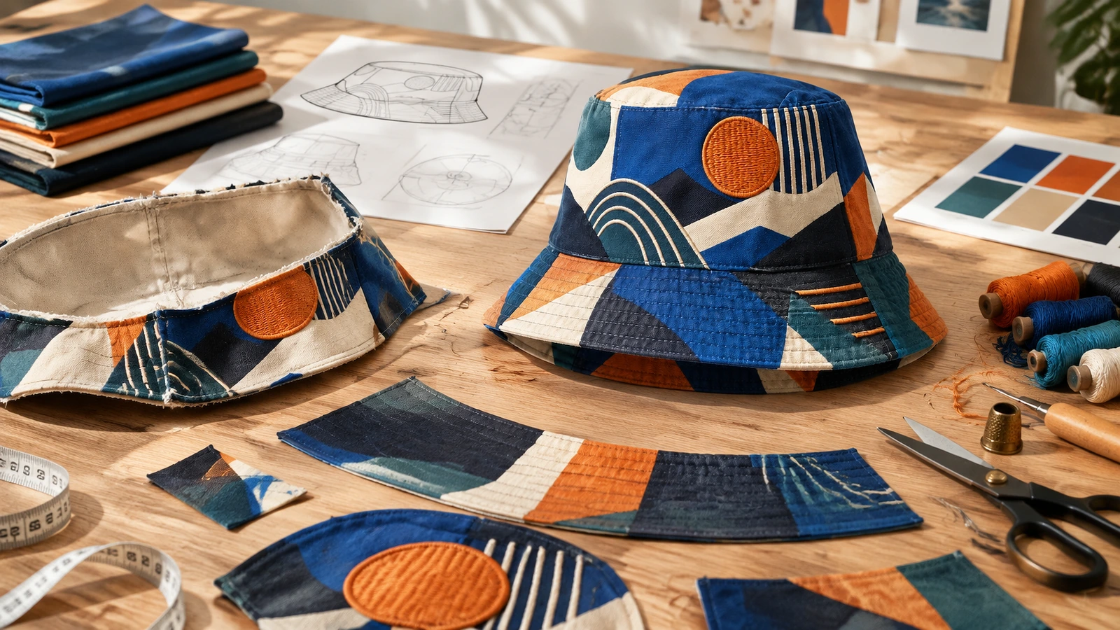 Diseño de bucket hat y materiales de costura Bucket hats con estampado geométrico y piezas de tela junto a hilos, bocetos y muestras de color