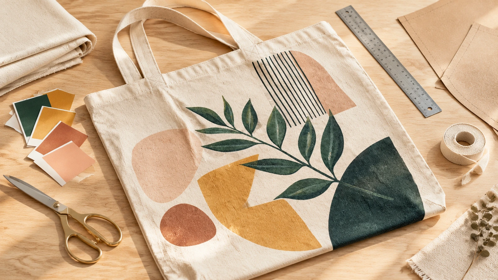 Bolsa tote de lona con diseño de hojas y figuras geométricas junto a muestras de color, tijeras y una regla