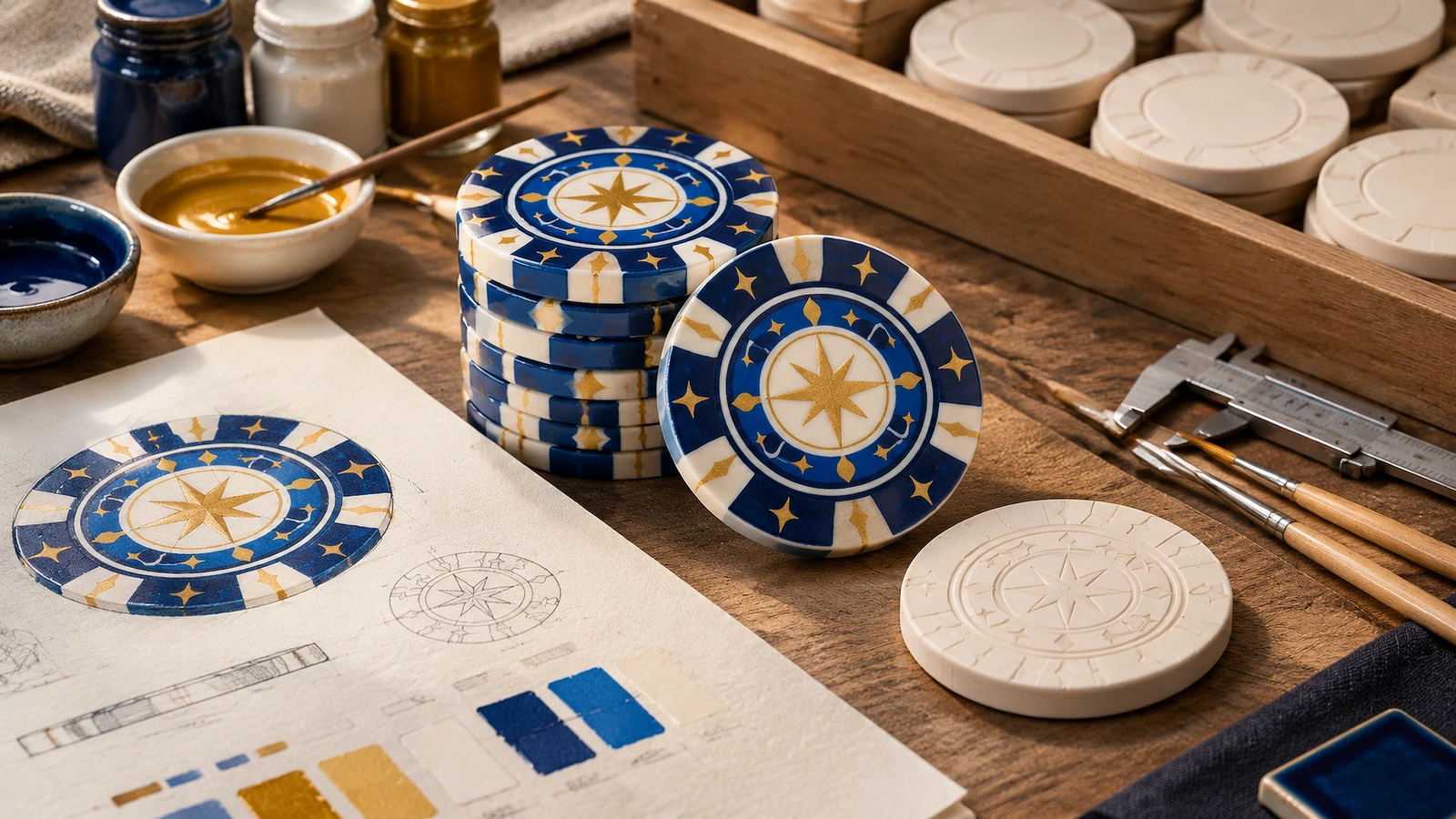 Discos con diseño de estrella en azul, blanco y dorado, y piezas lisas en blanco junto a pintura, herramientas y arte gráfico