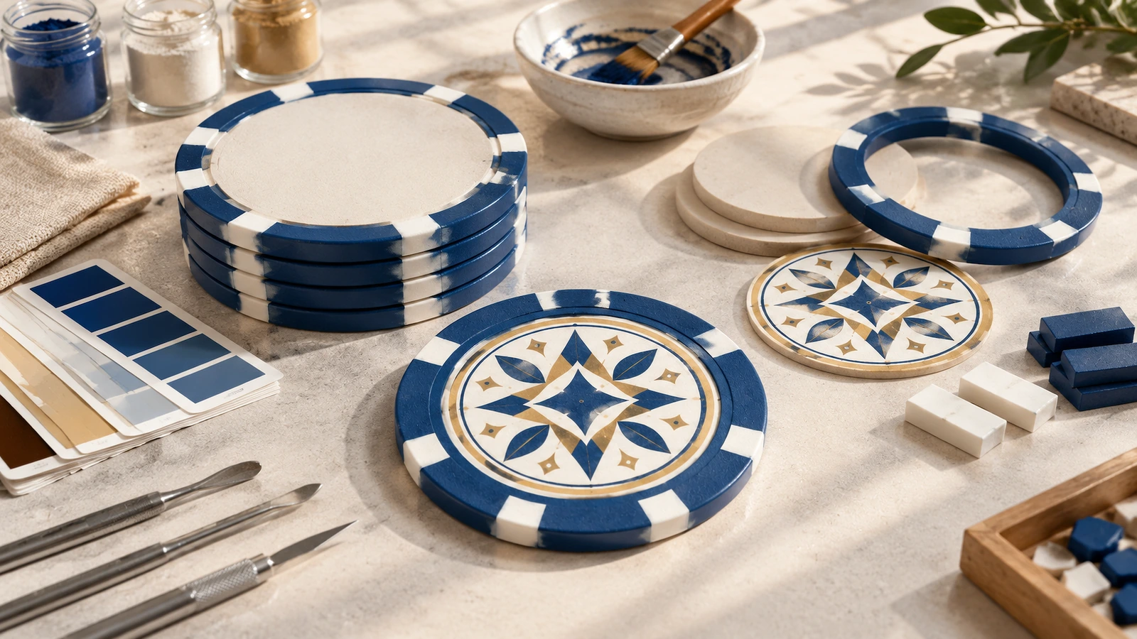 Componentes del diseño de fichas de póker Componentes de fichas de póker azules y blancas y diseños geométricos en la cara, junto a pintura y herramientas de manualidades