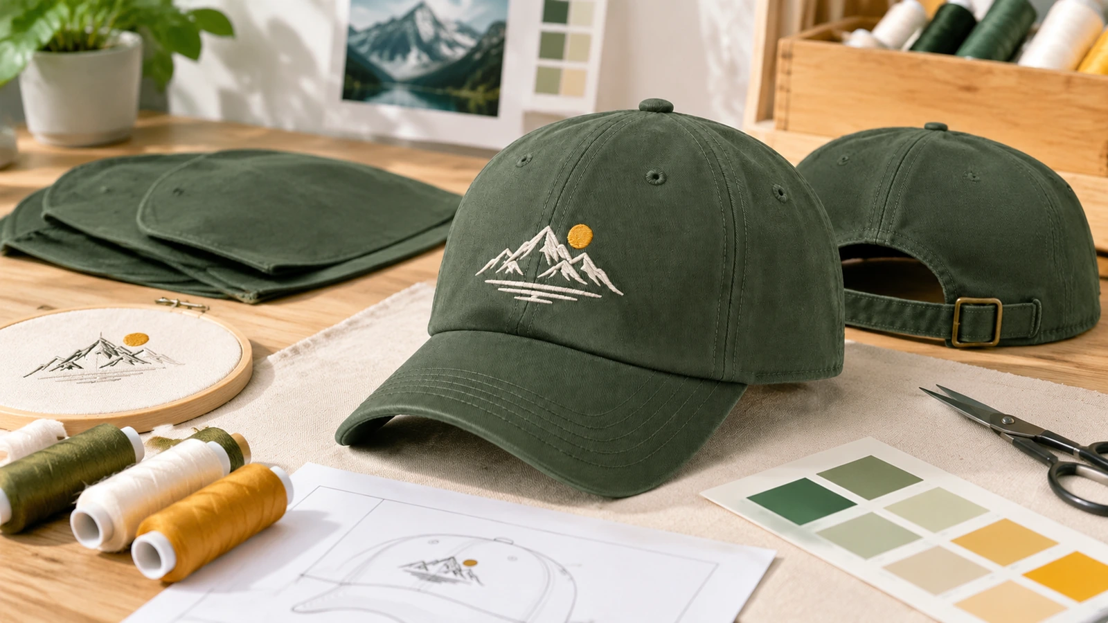 Gorras verdes bordadas junto a carretes de hilo, muestras de arte y de color