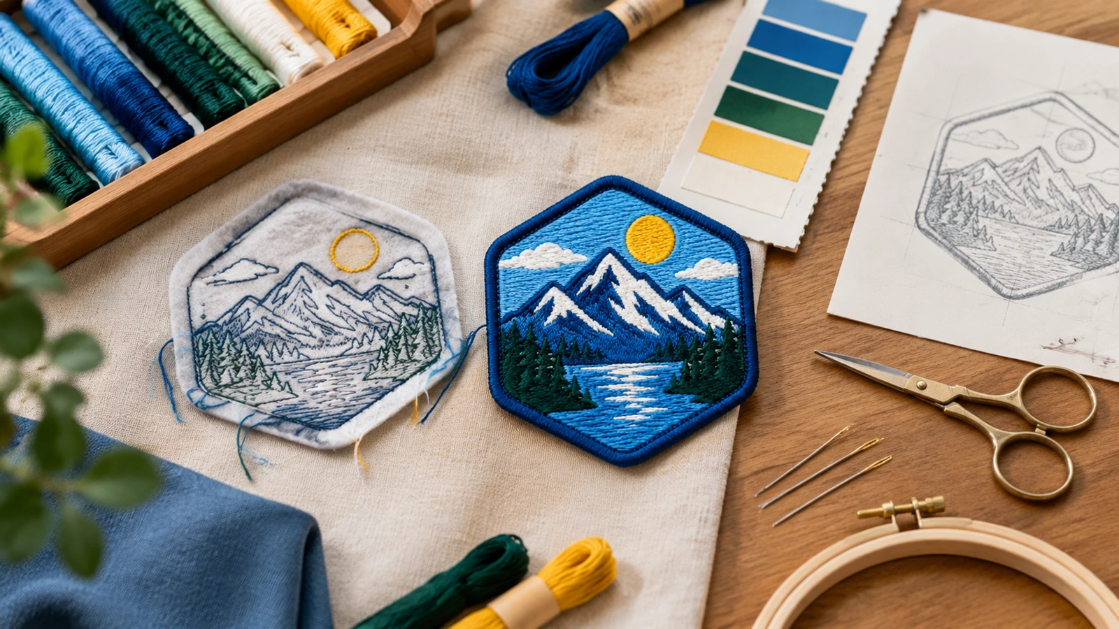 Diseño del parche y materiales de costura Parche bordado con paisaje de montaña junto a un boceto, hilos, tijeras y muestras de color