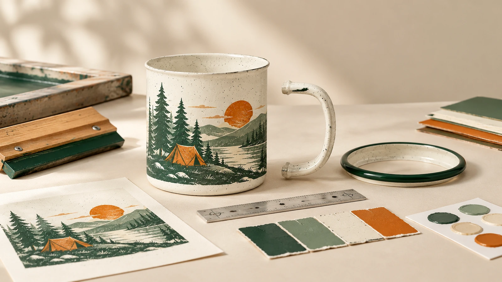 Cuerpo de taza con diseño de camping junto a un asa separada, anillo verde en el borde, ilustración, regla y muestras de color