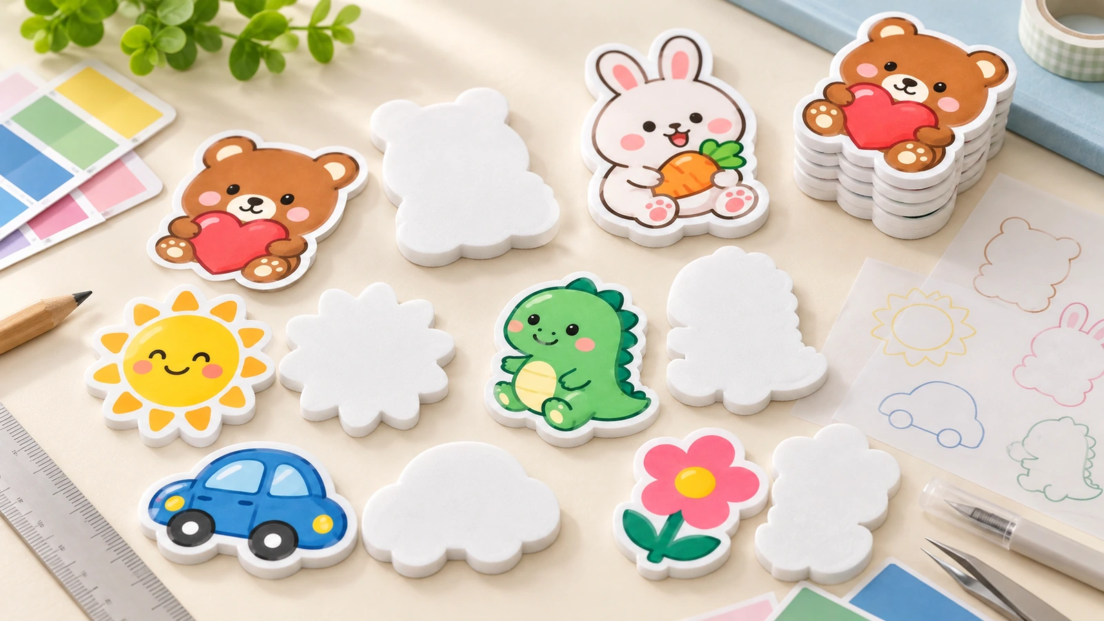 Pegatinas de espuma de colores con oso, conejo, dinosaurio, sol, coche y flor, junto a formas cortadas sin decorar y herramientas de manualidades