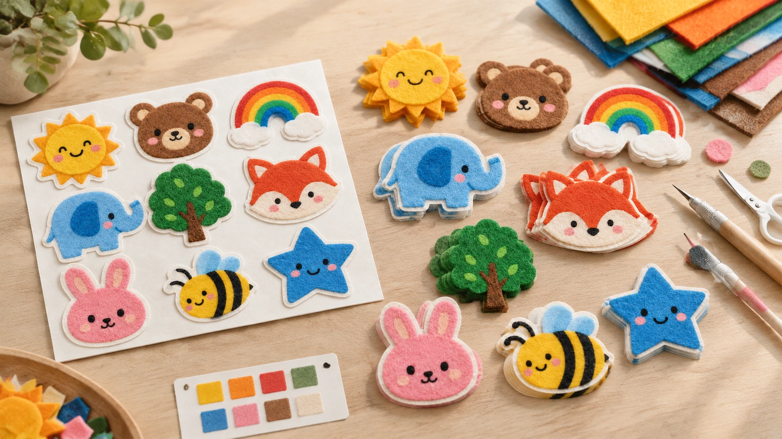 Pegatinas de fieltro de animales, arcoíris, soles y estrellas de colores sobre una hoja blanca y una mesa de manualidades junto a láminas de fieltro, tijeras y muestras de color