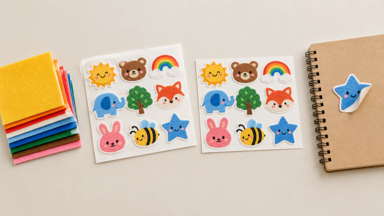 2 hojas de pegatinas de fieltro de dibujos animados de colores junto a fieltro de colores apilado y una libreta kraft con una pegatina azul de estrella