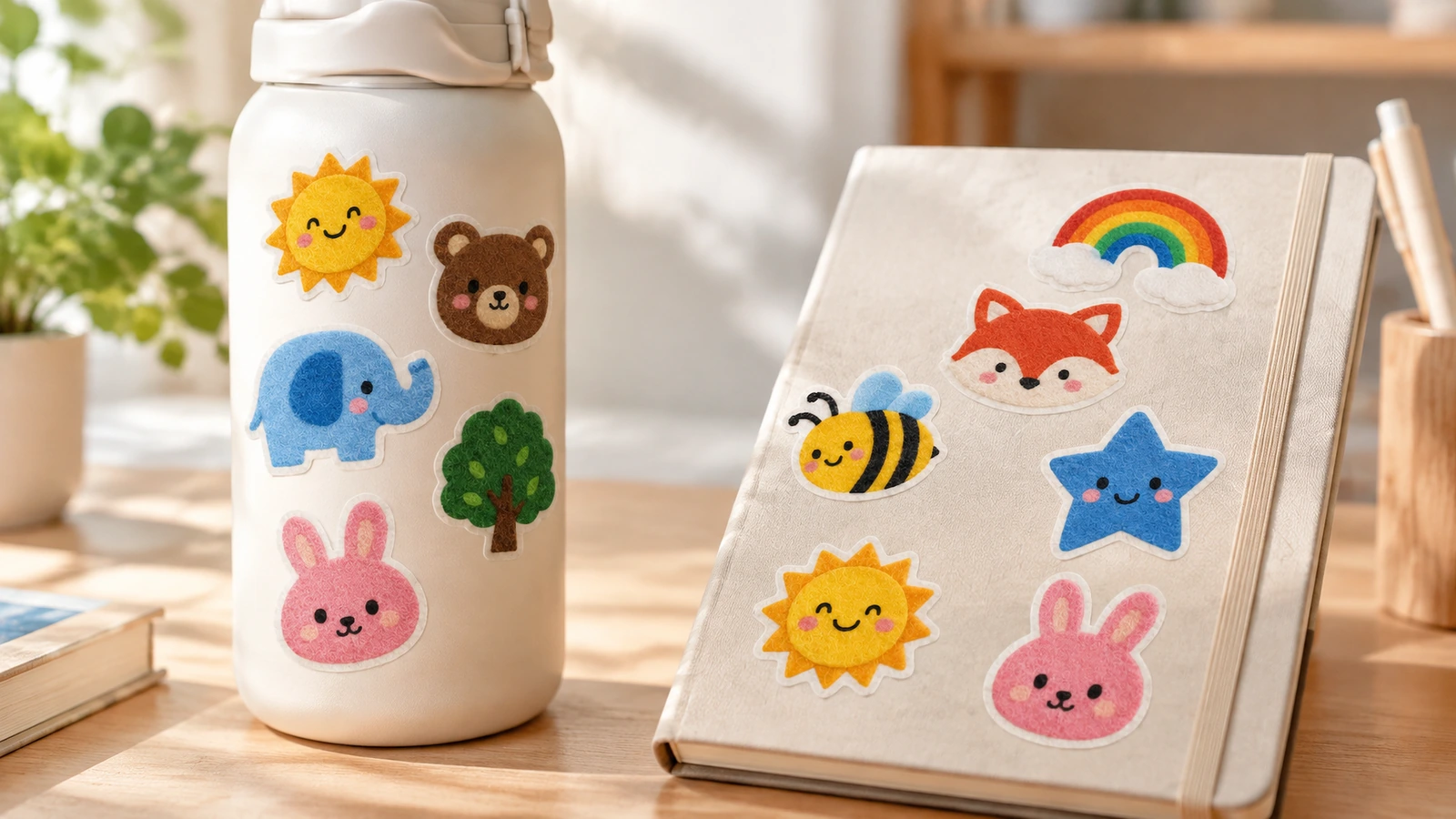 Pegatinas de fieltro de dibujos animados de colores decorando una botella blanca y una libreta de tono claro sobre un escritorio
