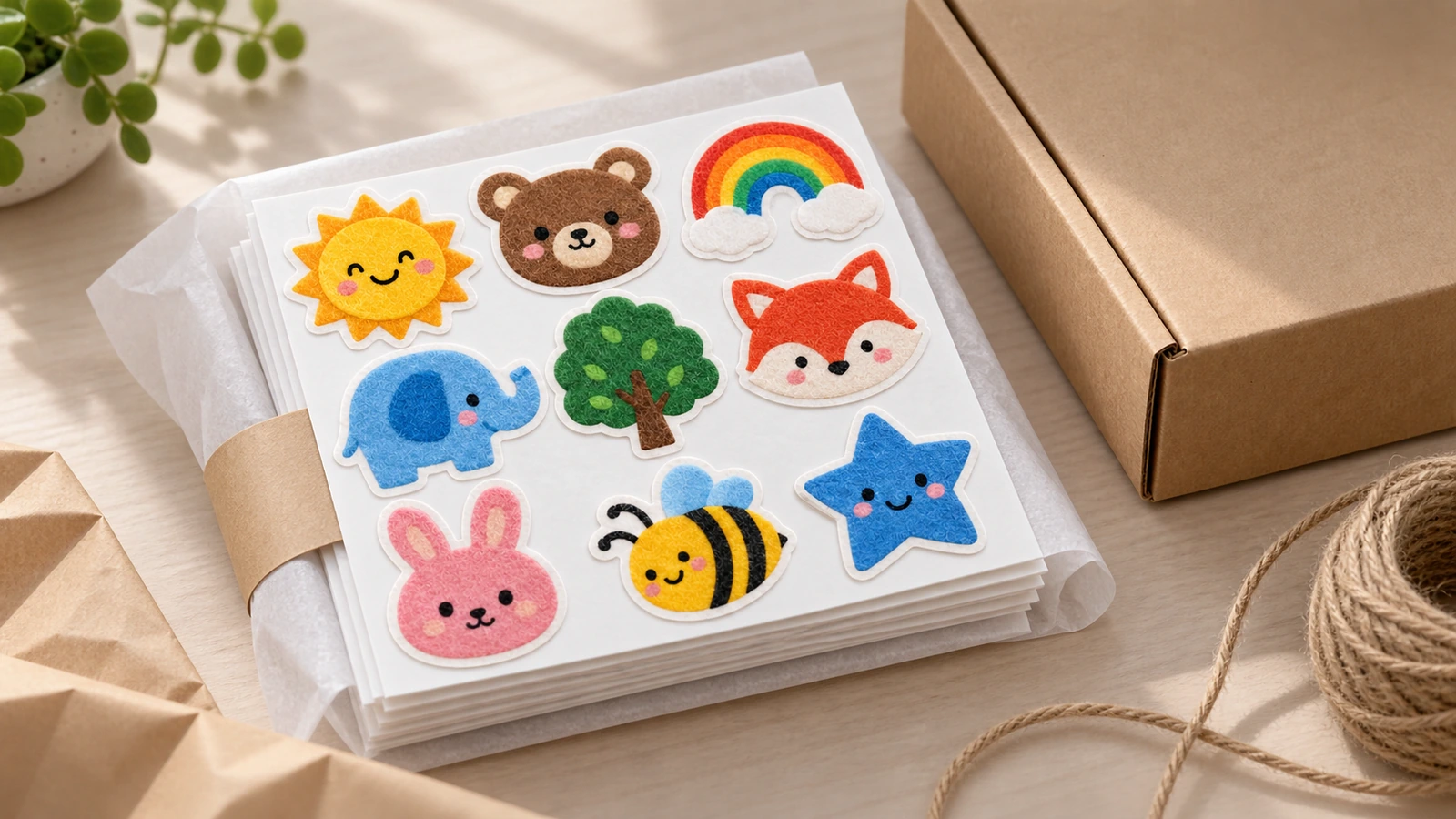 Hojas de pegatinas de fieltro apiladas en fundas transparentes junto a una caja de cartón kraft abierta