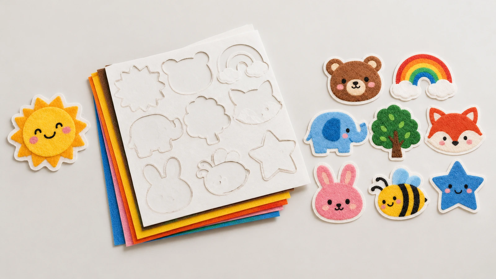 Pegatinas sueltas de fieltro de dibujos animados junto a láminas de fieltro de colores apiladas y una hoja blanca con formas troqueladas que coinciden