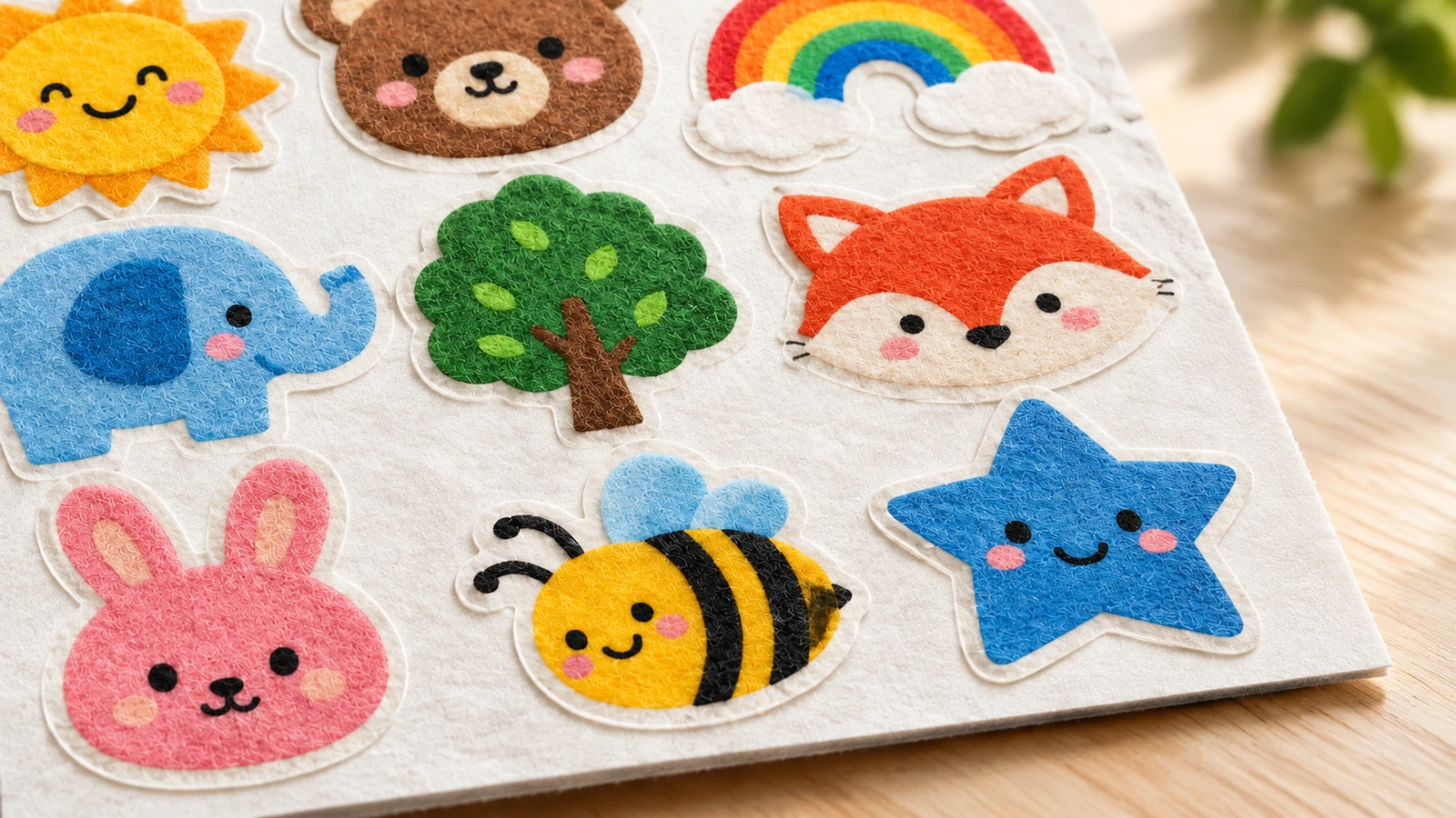 Primer plano de pegatinas de fieltro texturizadas de animales, arcoíris, soles y estrellas dispuestas sobre una hoja de soporte blanca