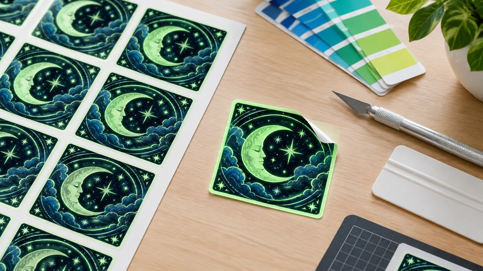 Arte de pegatina de luna y estrellas Hoja de pegatinas de luna y estrellas y pegatina cuadrada suelta junto a un cutter y muestras de color