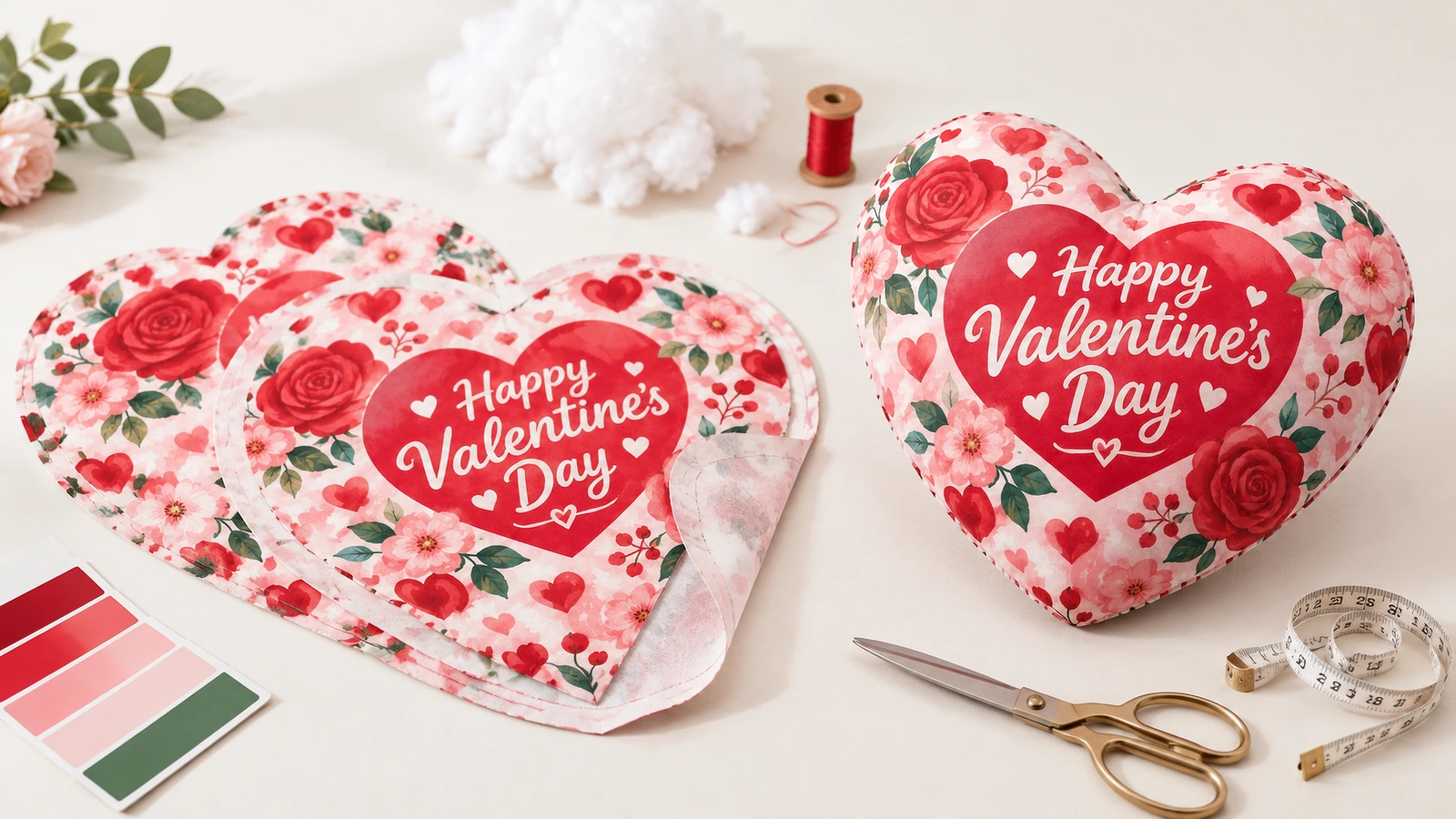 Paneles florales de almohadas en forma de corazón de San Valentín y una almohada rellena junto a materiales de costura