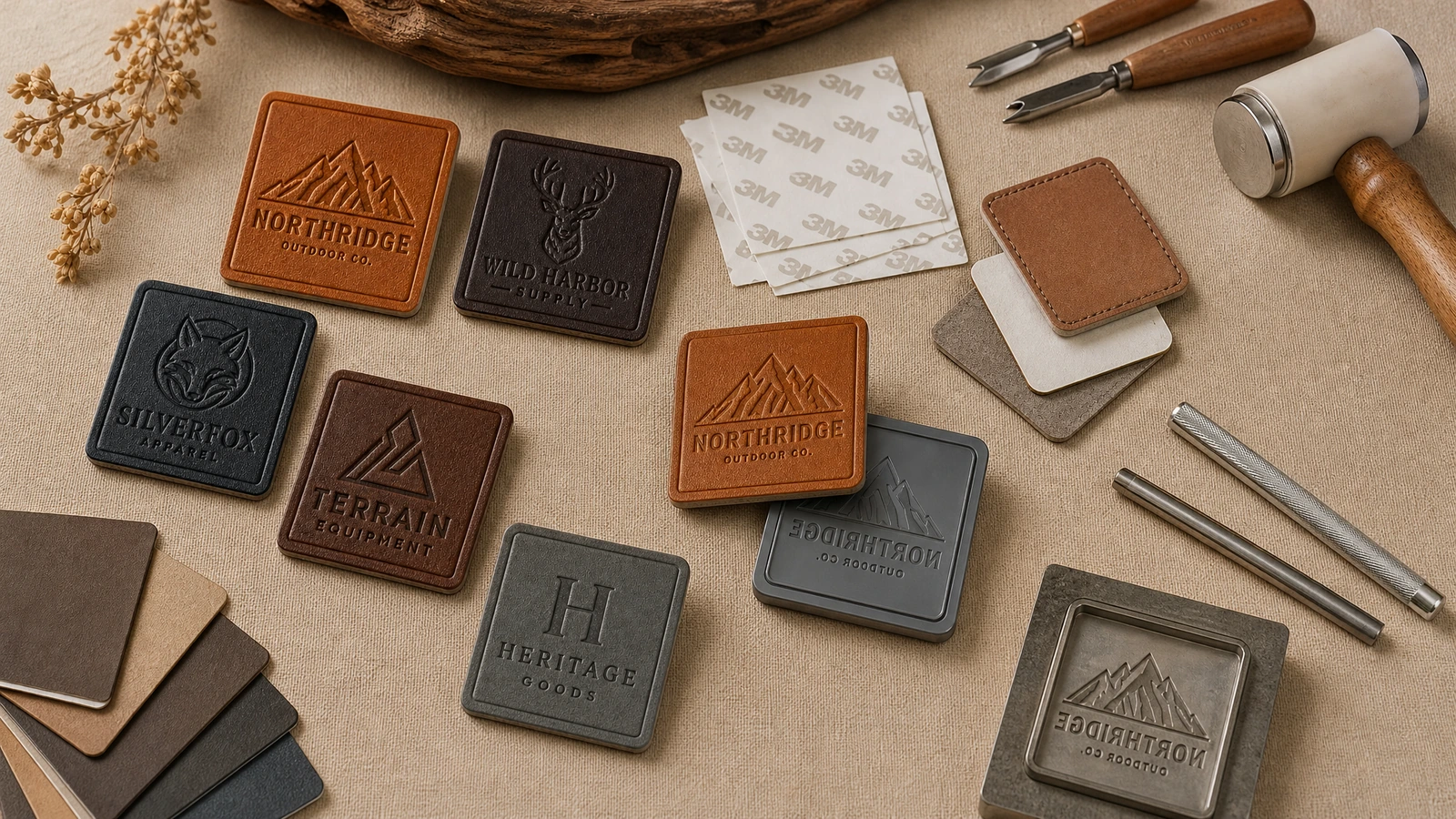 Etiquetas de marca surtidas con aspecto de cuero y relieve, junto a muestras de material y herramientas manuales sobre una mesa de trabajo