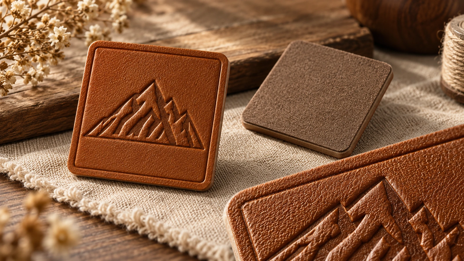 Etiqueta marrón con logotipo de montaña, reverso liso y detalle en primer plano de la superficie en relieve