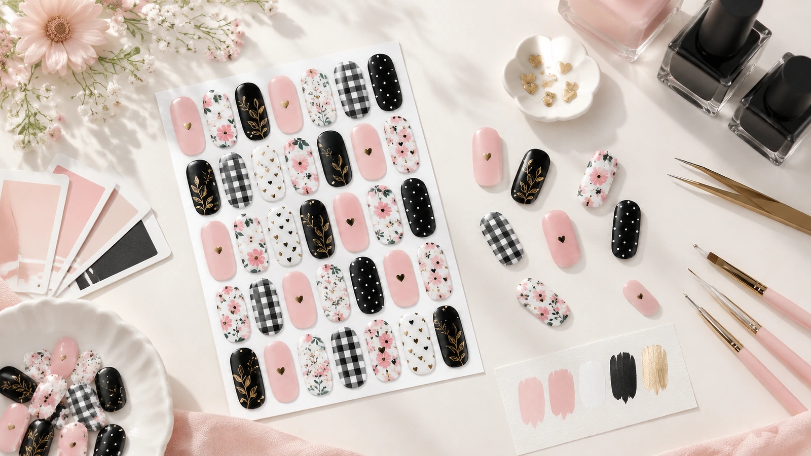 Hoja de diseños de uñas con estampados en rosa, negro, floral y vichy junto a frascos de esmalte y herramientas