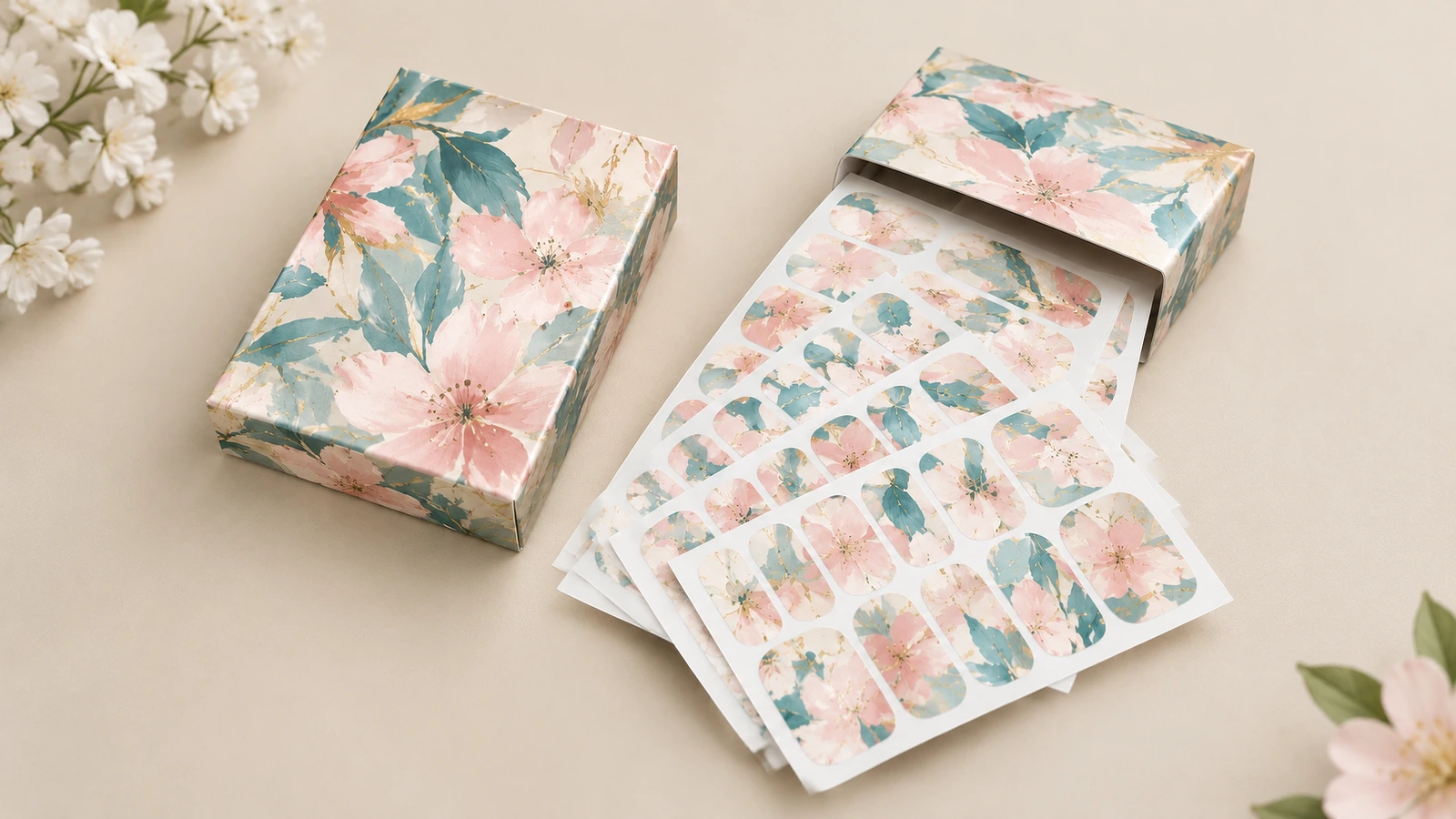 Varias láminas de fundas florales para uñas exhibidas con cajas a juego