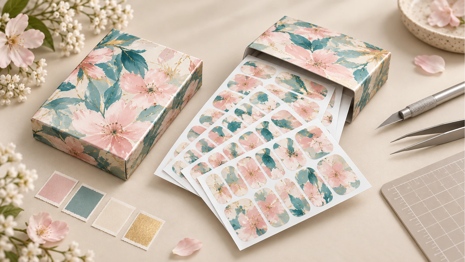 Láminas de fundas florales para uñas que salen de cajas impresas a juego, junto a muestras de color y herramientas