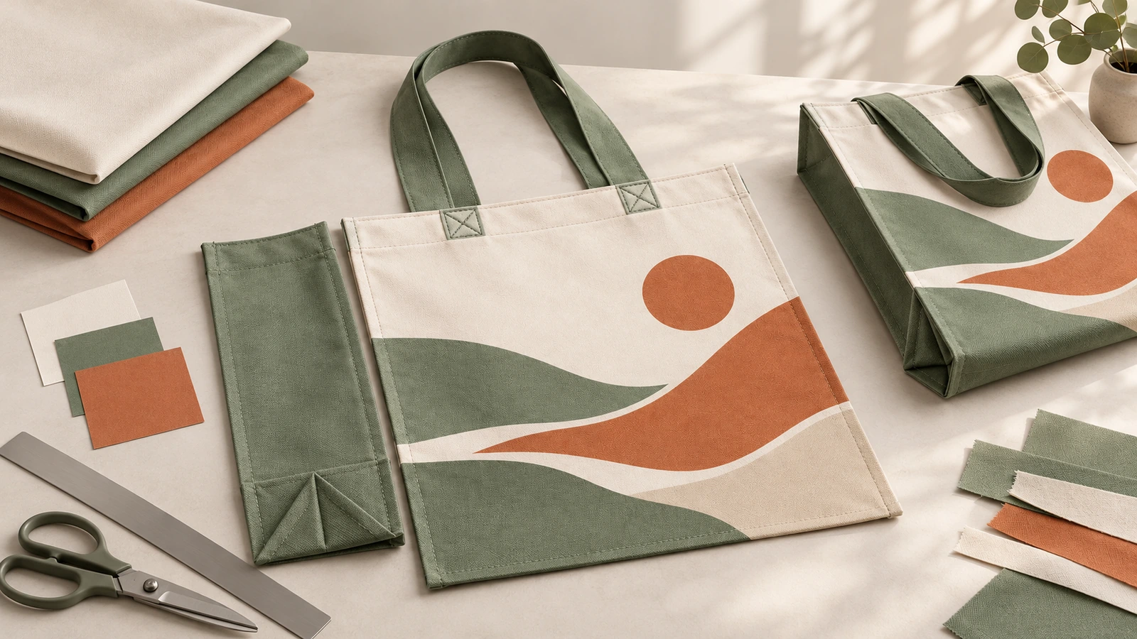 Bolsa tote crema, verde y naranja con estampado de paisaje, con muestras de tela y tijeras