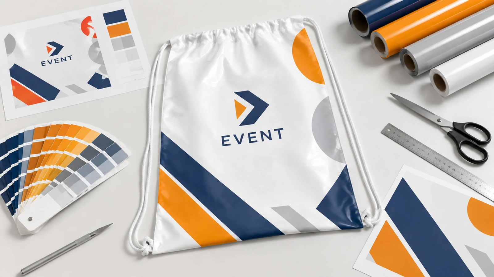 Bolsa blanca con cordón y diseño de evento en azul, naranja y gris, junto a muestrarios, hojas impresas y rollos