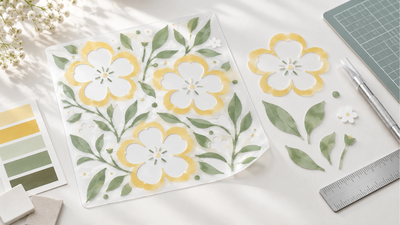 Diseño de plantilla floral en amarillo y verde con regla, tapete de corte, cúter y muestras de color