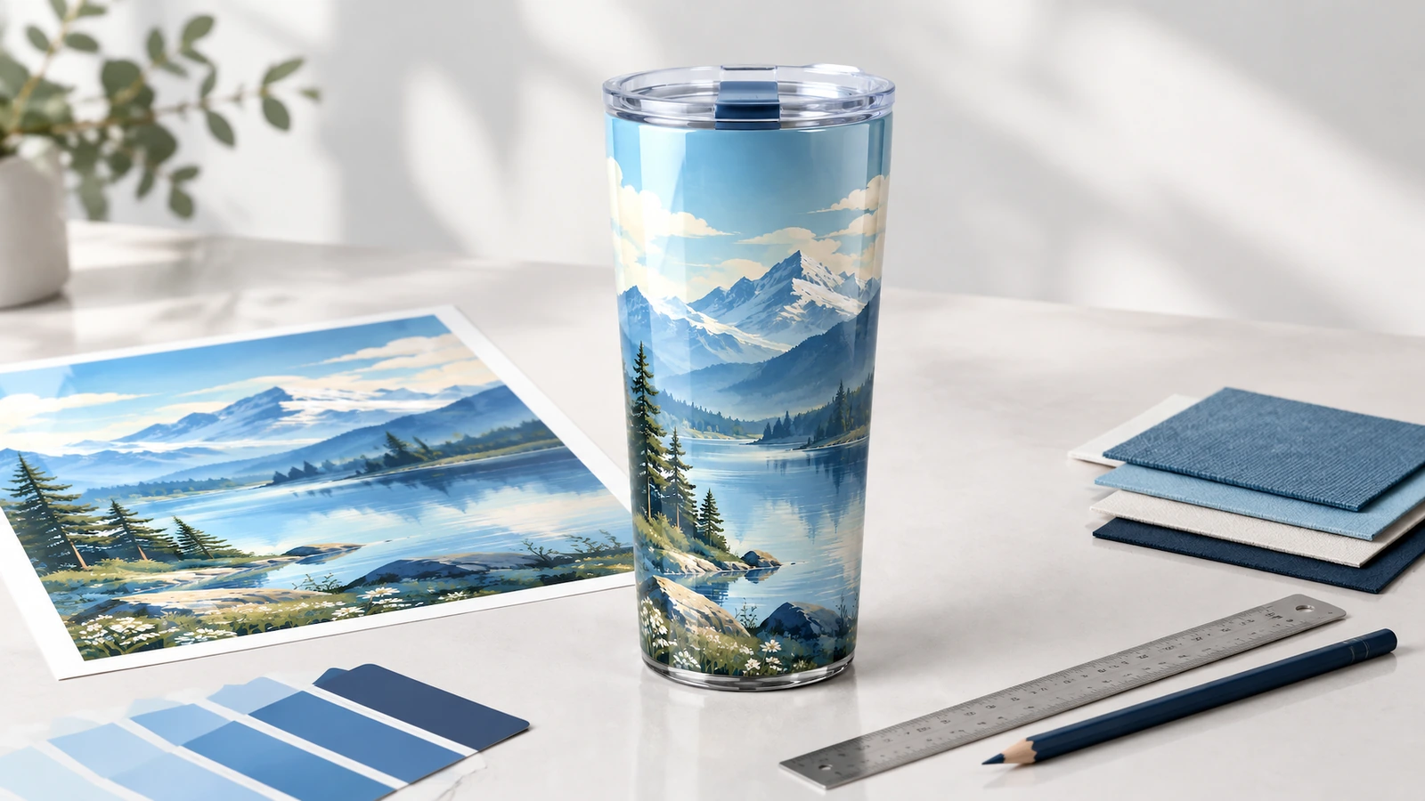 Vaso de plástico con diseño de montaña junto a una hoja de arte, muestras de color azules, una regla y cuadernos