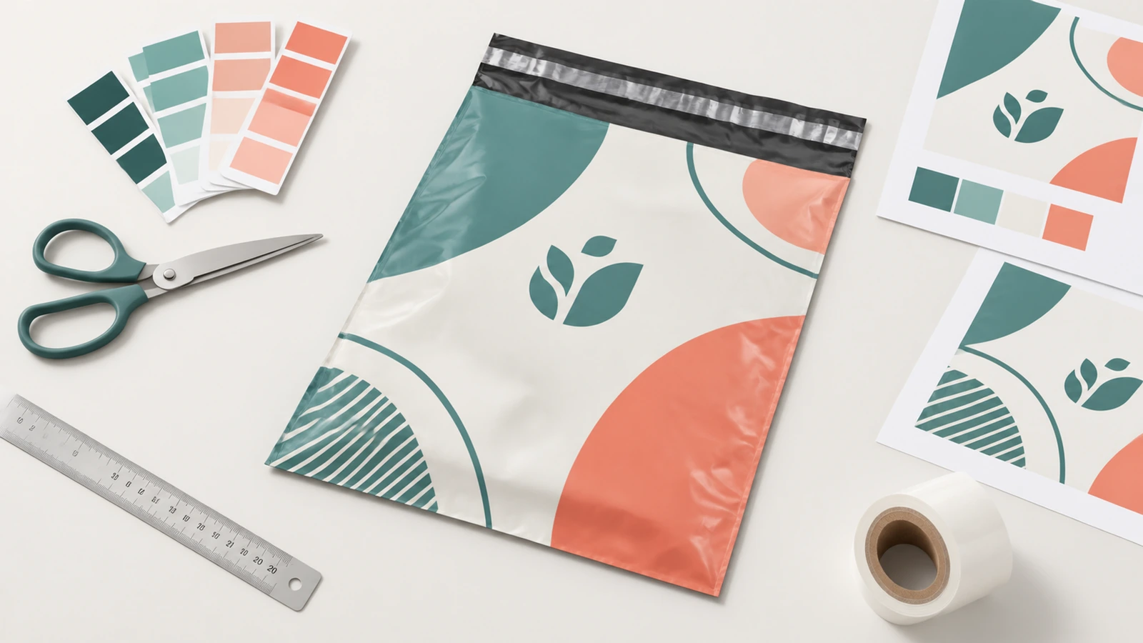 Exhibición del diseño de bolsas de envío impresas Ilustración de una bolsa de envío impresa en verde, crema y coral junto a muestras de color, hojas de arte y herramientas