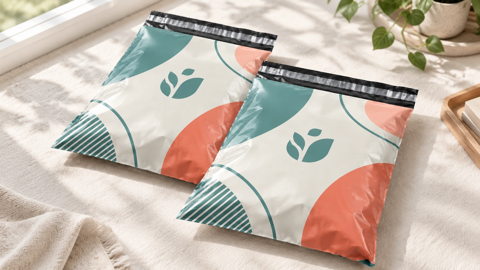 Bolsas de envío impresas llenas sobre una mesa Ilustración de dos bolsas de envío impresas llenas sobre una mesa cubierta de tela