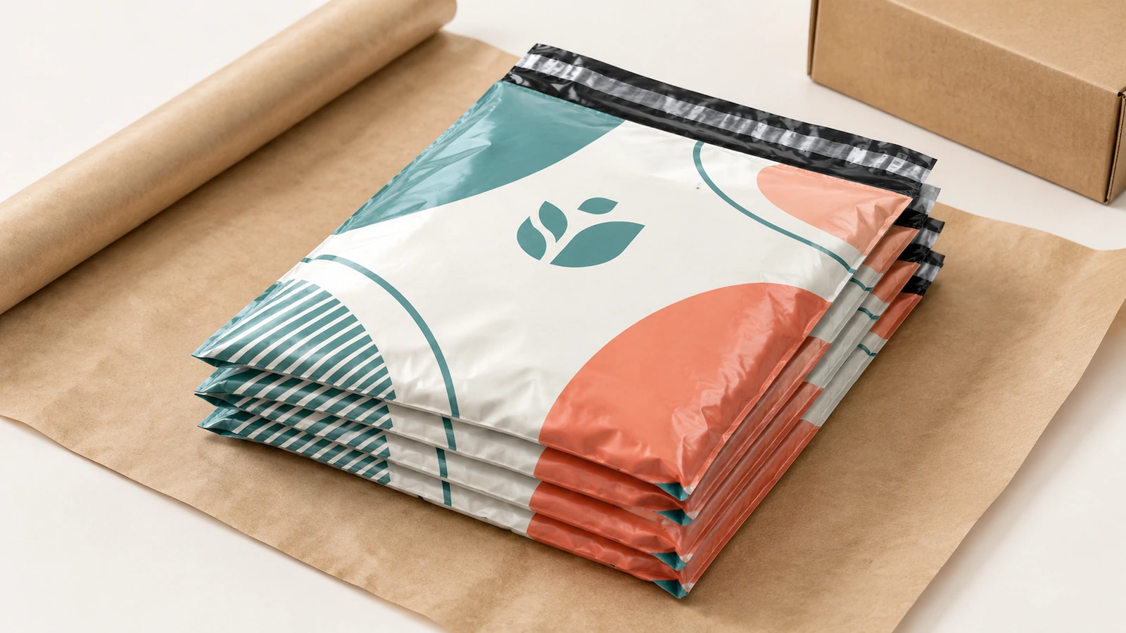 Bolsas de envío impresas apiladas Ilustración de bolsas de envío impresas apiladas sobre papel kraft junto a una caja