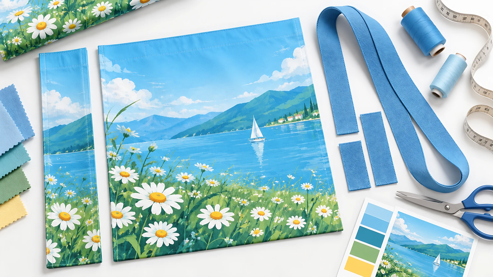 Paneles de bolsa tote con estampado lake-and-daisy, asas azules y herramientas de costura dispuestas sobre una mesa