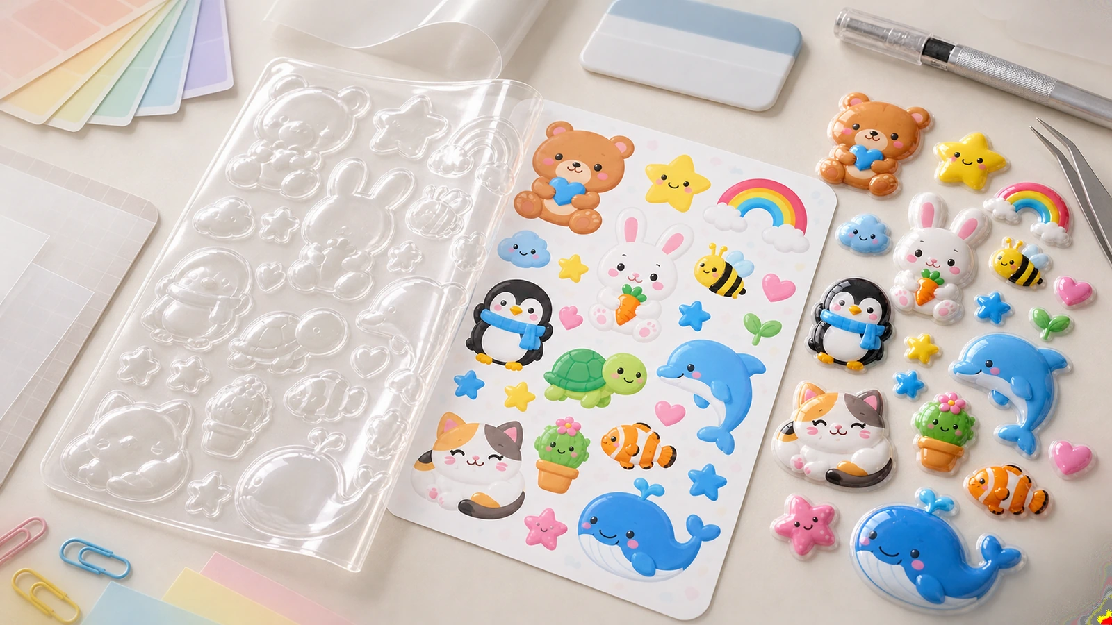 Hojas de stickers en relieve con temática animal y bandeja transparente Hojas de stickers en relieve de animales de colores junto a una bandeja transparente vacía sobre un escritorio
