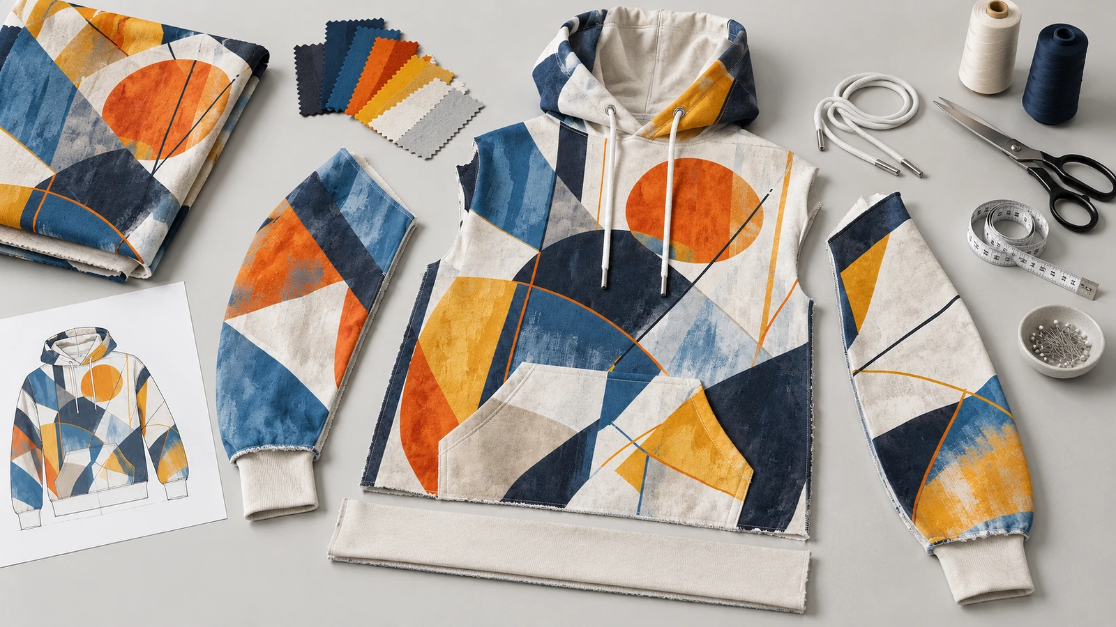 Sudadera con capucha pullover de estampado geométrico, con piezas de tela a juego, muestrarios, cordones y herramientas de costura
