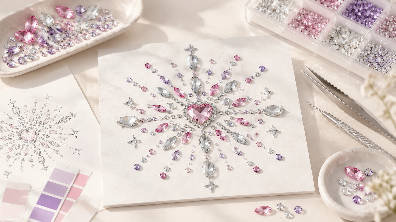 Motivo de strass con centro en forma de corazón y materiales de diseño Motivo de strass rosa, morado y transparente con centro en forma de corazón sobre una hoja blanca, junto a un boceto de diseño, muestras de color y herramientas