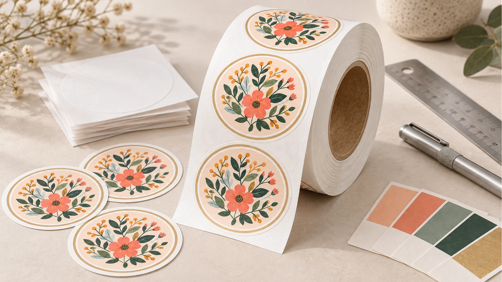 Etiquetas redondas florales en un rollo junto a muestras sueltas de etiquetas, hojas en blanco, una regla, un bolígrafo y muestras de color