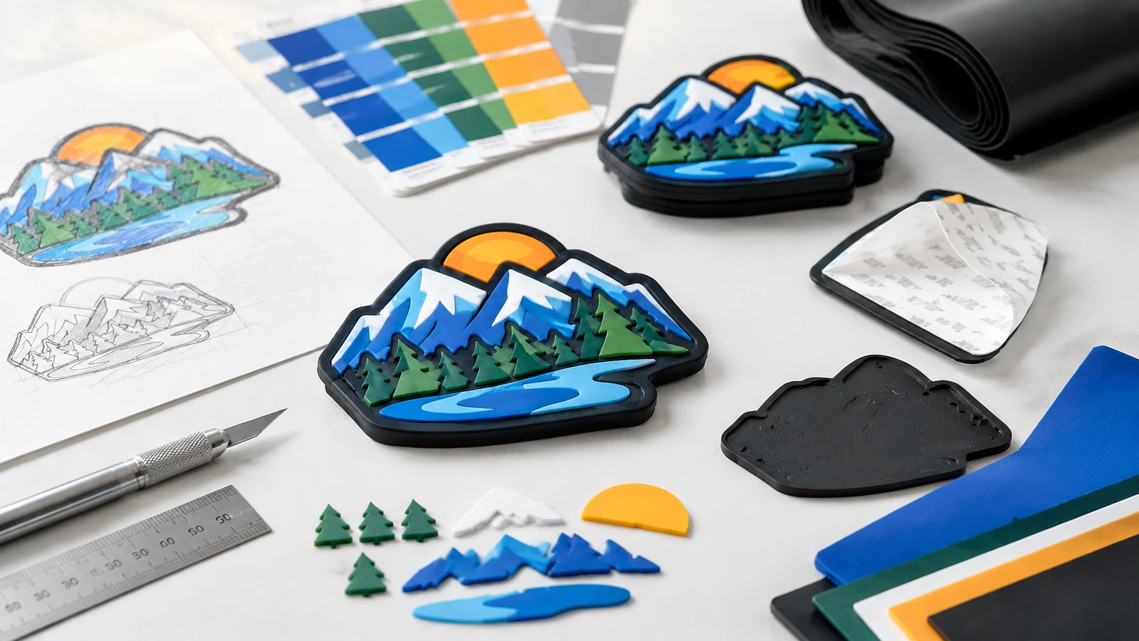 Etiquetas blandas de PVC de diseño de montaña, arte final, muestras de color y herramientas dispuestas sobre una mesa de trabajo